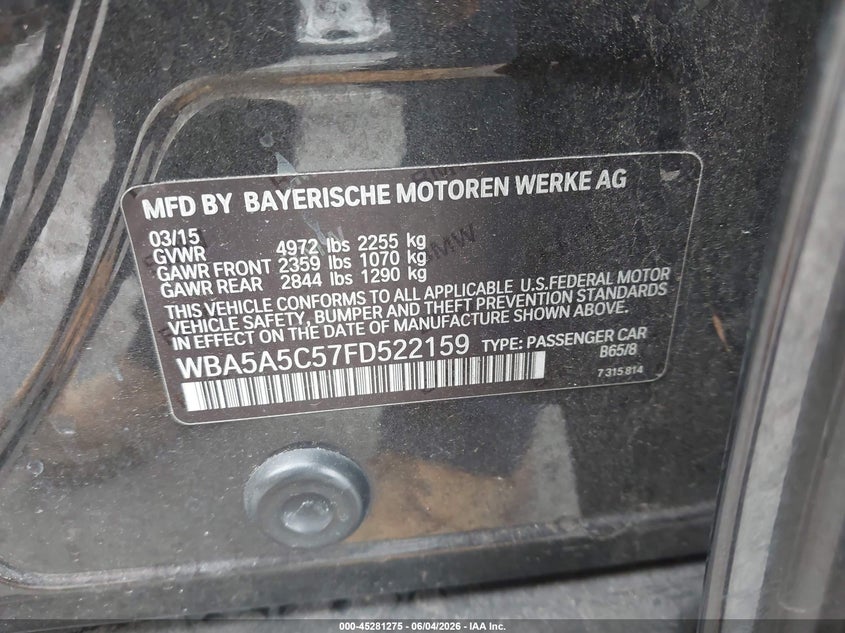 2015 BMW 5 Series VIN WBA5A5C57FD522159 IAAI salvage auction — Unknown, Salvage (California), sold $1,950 on 2026-06-11 (photo 9)