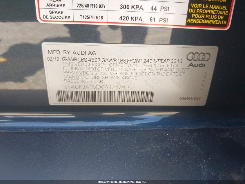 2012 Audi A3 VIN WAUKJAFM0CA124240 IAAI salvage auction — RIGHT REAR, Salvage Title, sold $1,300 on 2026-07-14 (photo 9)