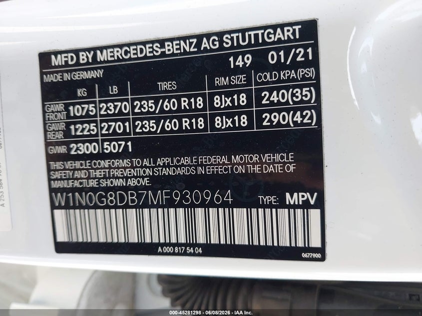 2021 Mercedes-benz Glc VIN W1N0G8DB7MF930964 IAAI salvage auction — TRANSMISSION, Salvage Title, sold $10,200 on 2026-07-17 (photo 9)
