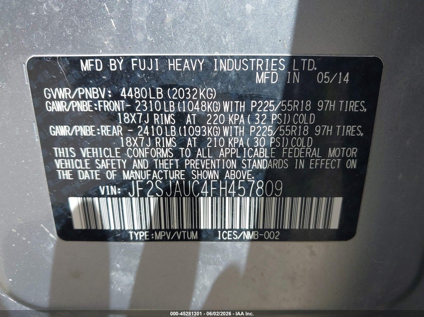 2015 Subaru Forester VIN JF2SJAUC4FH457809 IAAI salvage auction — UNKNOWN, Clear (Arizona), sold $950 on 2026-07-09 (photo 9)