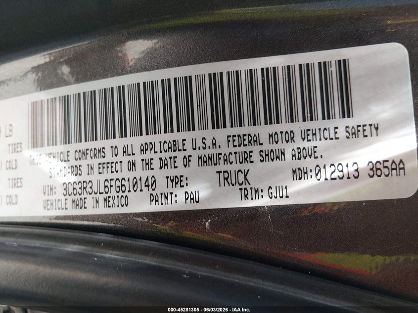 2015 Ram 3500 VIN 3C63R3JL6FG610140 IAAI salvage auction — FRONT END, Salvage Title, sold $11,250 on 2026-07-22 (photo 8)