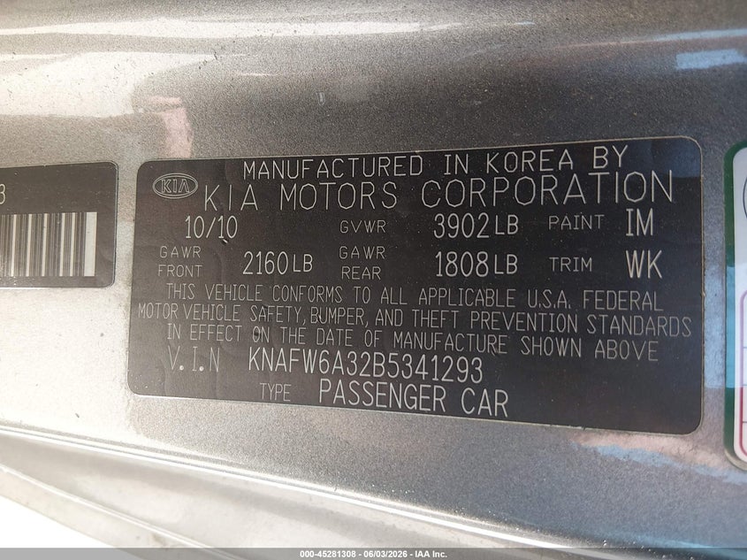 2011 Kia Forte VIN KNAFW6A32B5341293 IAAI salvage auction — NORMAL WEAR, Clear (Massachusetts), sold $450 on 2026-07-15 (photo 9)