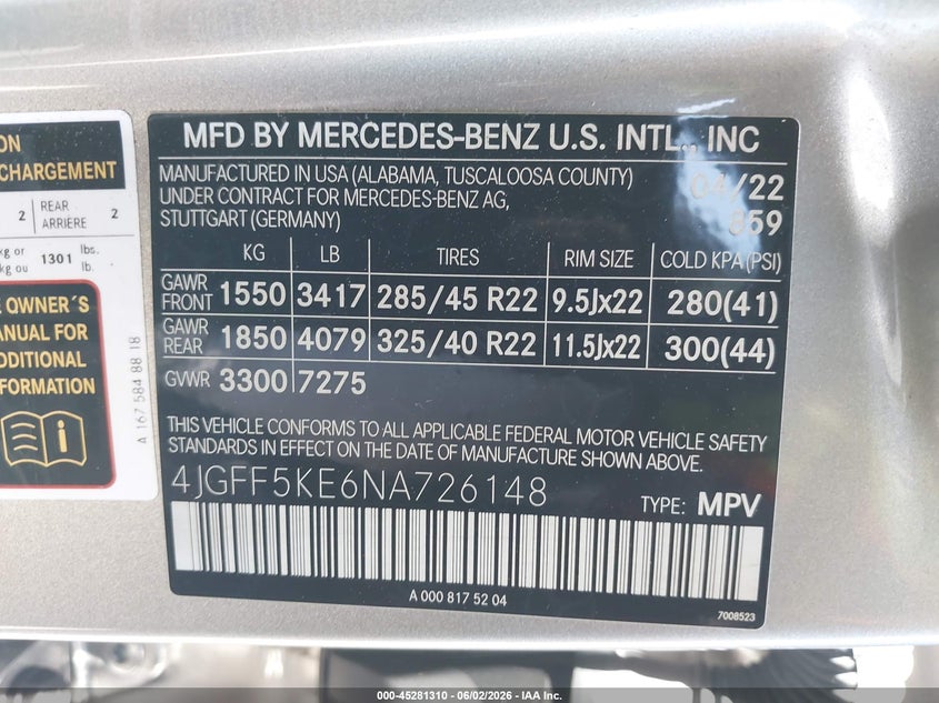 2022 Mercedes-benz Gls-klasse VIN 4JGFF5KE6NA726148 IAAI salvage auction — FRONT END, Salvage Title, sold $23,100 on 2026-07-14 (photo 9)