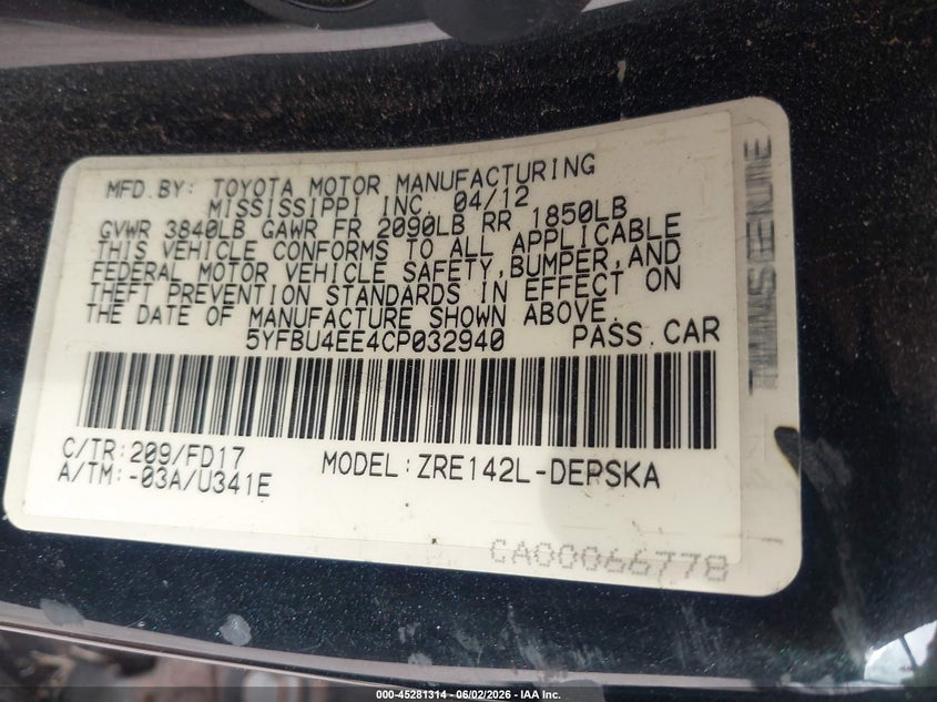 2012 Toyota Corolla VIN 5YFBU4EE4CP032940 IAAI salvage auction — NORMAL WEAR, Clear - Public Restricted (Oklahoma), sold $1,125 on 2026-07-15 (photo 9)
