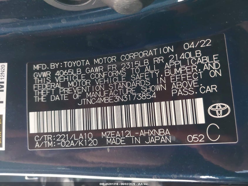 2022 Toyota Corolla VIN JTNC4MBE3N3173854 IAAI salvage auction — REAR END, Salvage Title, sold $6,300 on 2026-07-14 (photo 9)