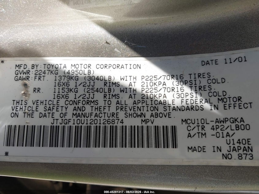 2002 Lexus Rx 300 VIN JTJGF10U120126874 IAAI salvage auction — NORMAL WEAR, Clear - Dealer Only (California), sold $825 on 2026-07-13 (photo 9)