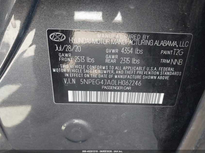 2020 Hyundai Sonata VIN 5NPEG4JA0LH062246 IAAI salvage auction — FRONT END, Salvage Title, sold $2,700 on 2026-07-16 (photo 9)