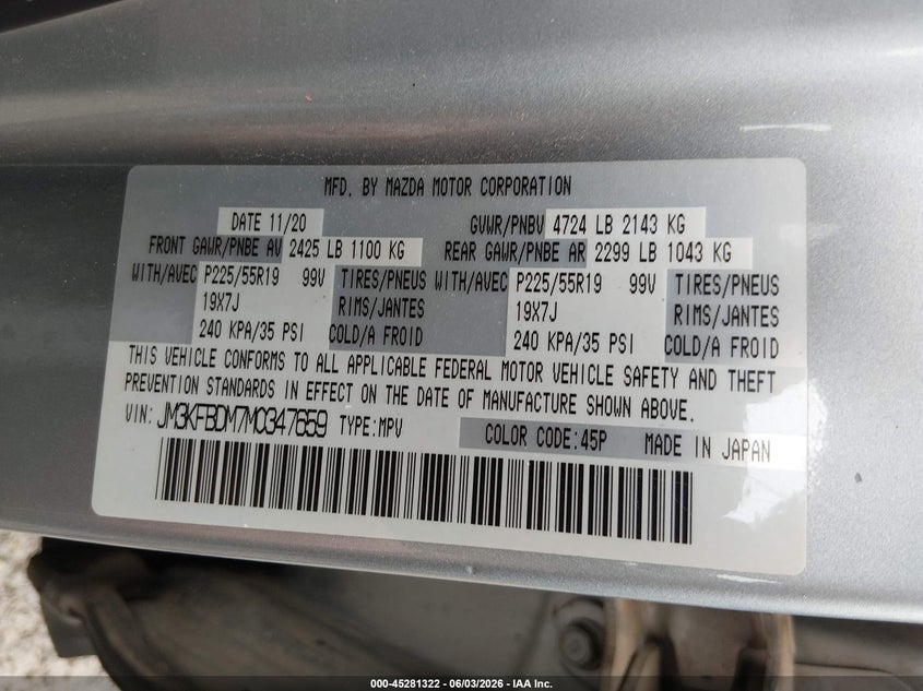 2021 Mazda Cx-5 VIN JM3KFBDM7M0347659 IAAI salvage auction — ROLLOVER, Salvage Title, sold $1,300 on 2026-09-10 (photo 9)