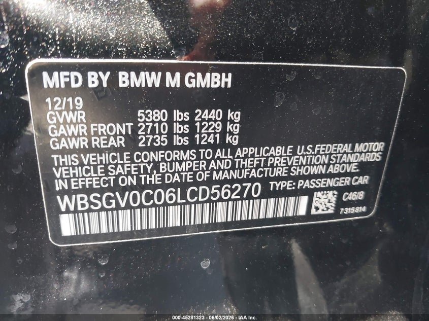 2020 BMW M8 VIN WBSGV0C06LCD56270 IAAI salvage auction — SIDE, Salvage Title, sold $24,625 on 2026-07-22 (photo 9)