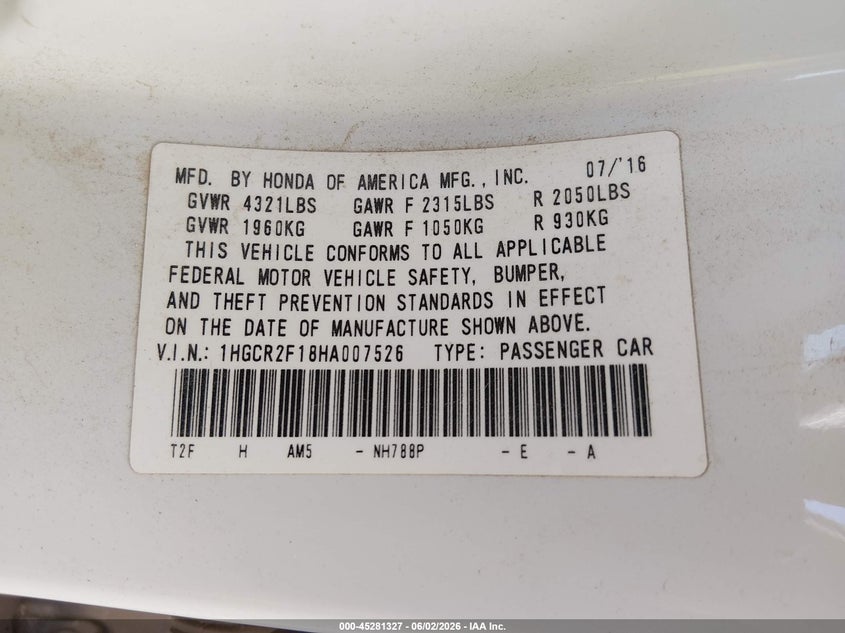 2017 Honda Accord VIN 1HGCR2F18HA007526 IAAI salvage auction — FRONT & REAR, Salvage Title, sold $1,650 on 2026-07-24 (photo 9)