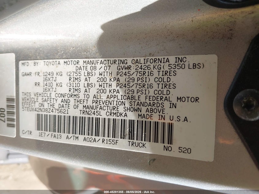 2008 Toyota Tacoma VIN 5TEUX42N38Z475621 IAAI salvage auction — REAR END, Salvage - Greater Than 75% (Maryland), sold $5,600 on 2026-07-09 (photo 9)