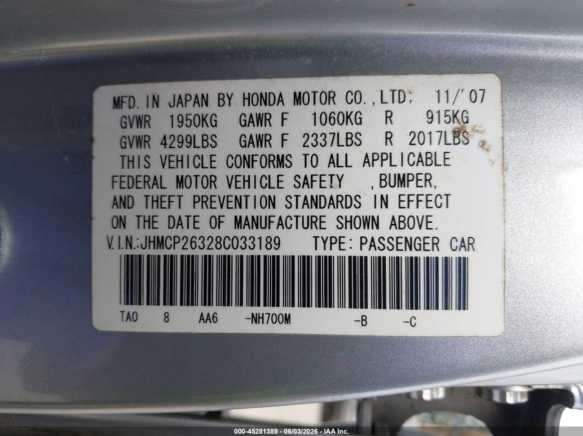 2008 Honda Accord VIN JHMCP26328C033189 IAAI salvage auction — NORMAL WEAR, Clear (Washington), sold $975 on 2026-07-15 (photo 9)