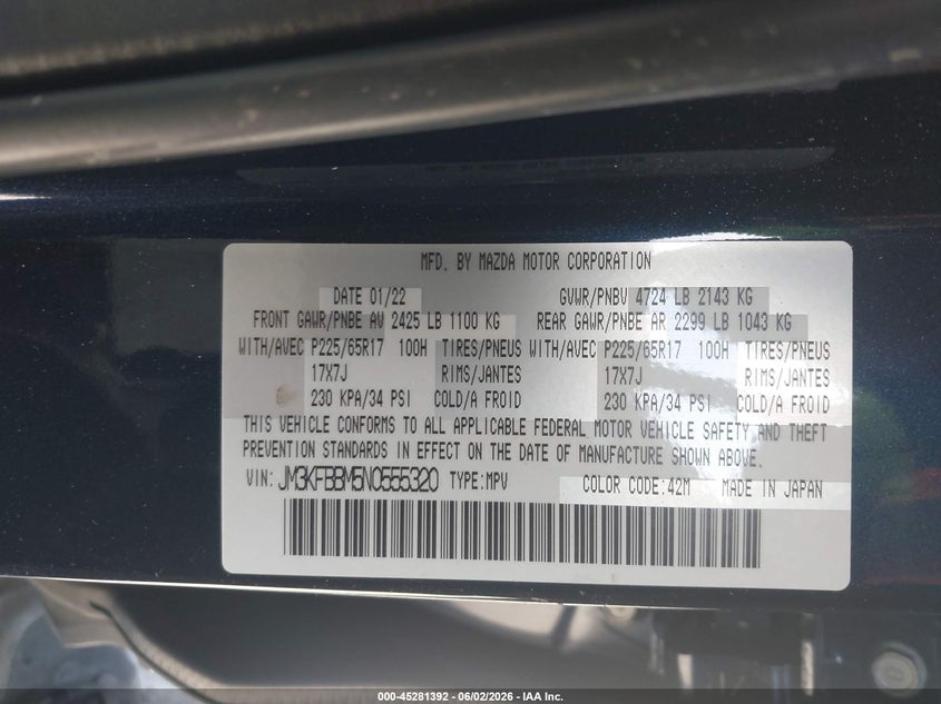 2022 Mazda Cx-5 VIN JM3KFBBM5N0555320 IAAI salvage auction — NORMAL WEAR, Clear-Dealer Only (Washington), sold $7,325 on 2026-07-20 (photo 9)