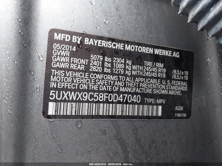 2015 BMW X3 VIN 5UXWX9C58F0D47040 IAAI salvage auction — ALL OVER, Salvage Title, sold $2,650 on 2026-07-21 (photo 9)