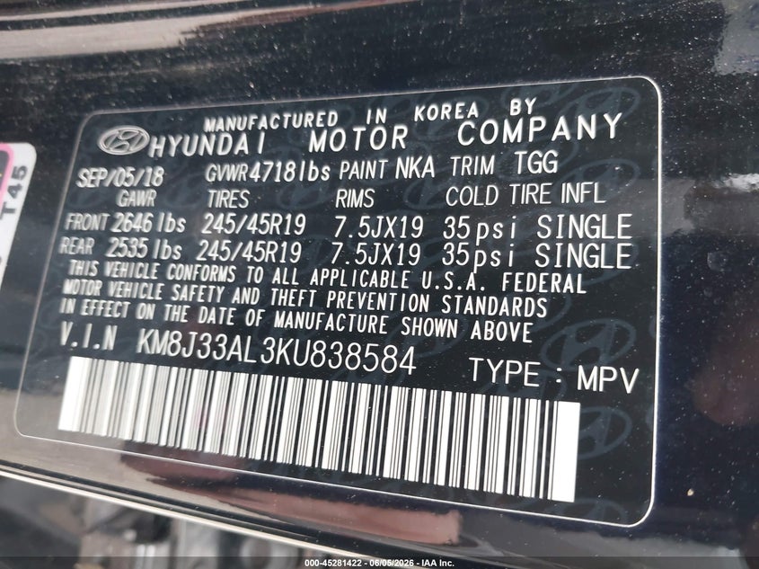 2019 Hyundai Tucson VIN KM8J33AL3KU838584 IAAI salvage auction — FRONT END, Salvage (Texas), sold $1,700 on 2026-07-28 (photo 9)