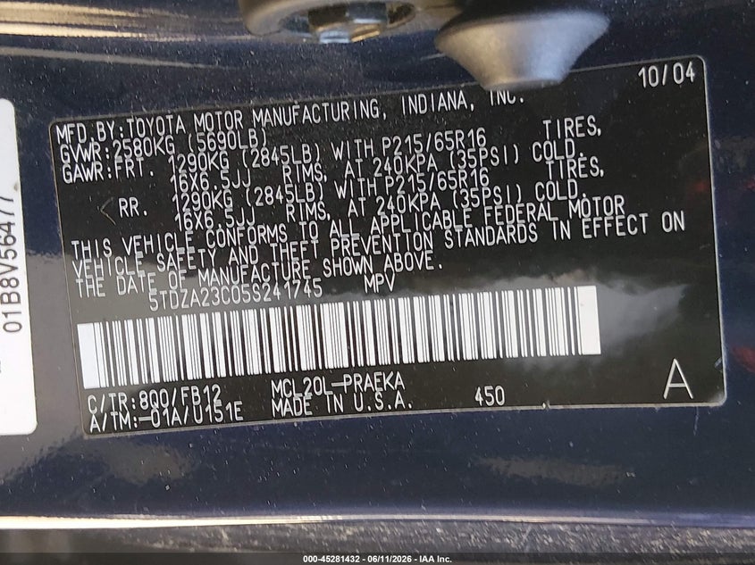 2005 Toyota Sienna VIN 5TDZA23C05S241745 IAAI salvage auction — NORMAL WEAR, Clear (Washington), sold $1,675 on 2026-07-08 (photo 9)