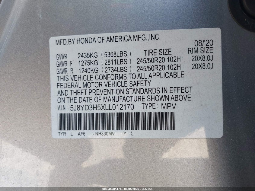2020 Acura Mdx VIN 5J8YD3H5XLL012170 IAAI salvage auction — SIDE, Salvage Title, sold $4,800 on 2026-07-12 (photo 9)