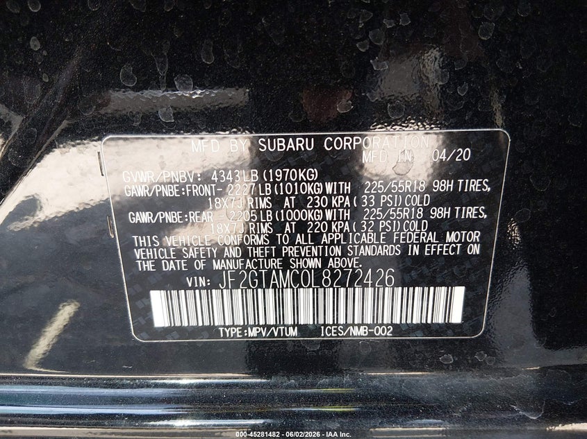 2020 Subaru Xv VIN JF2GTAMC0L8272426 IAAI salvage auction — FRONT END, Salvage Title, sold $25 on 2026-07-29 (photo 9)