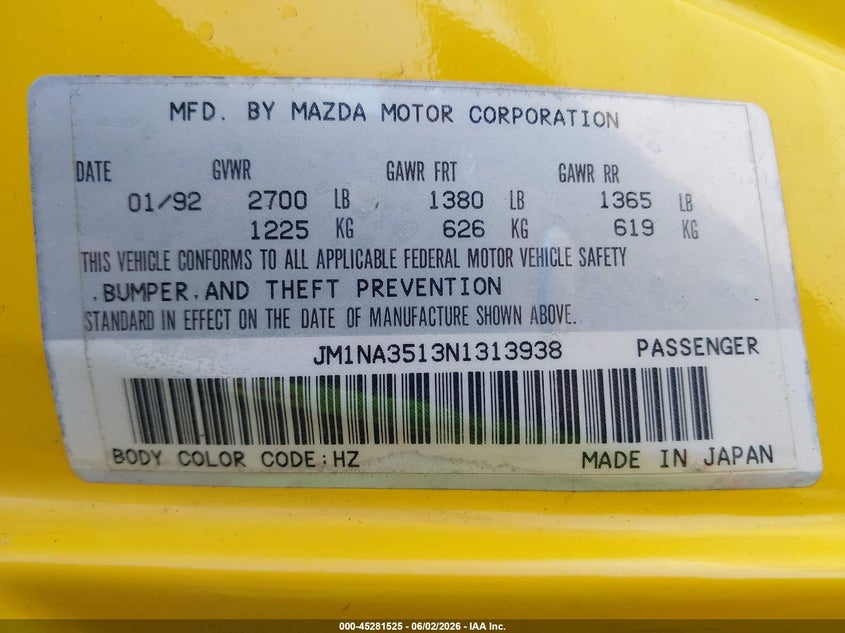 1992 Mazda Mx-5 miata VIN JM1NA3513N1313938 IAAI salvage auction — LEFT REAR, Salvage (California), sold $1,850 on 2026-07-15 (photo 9)