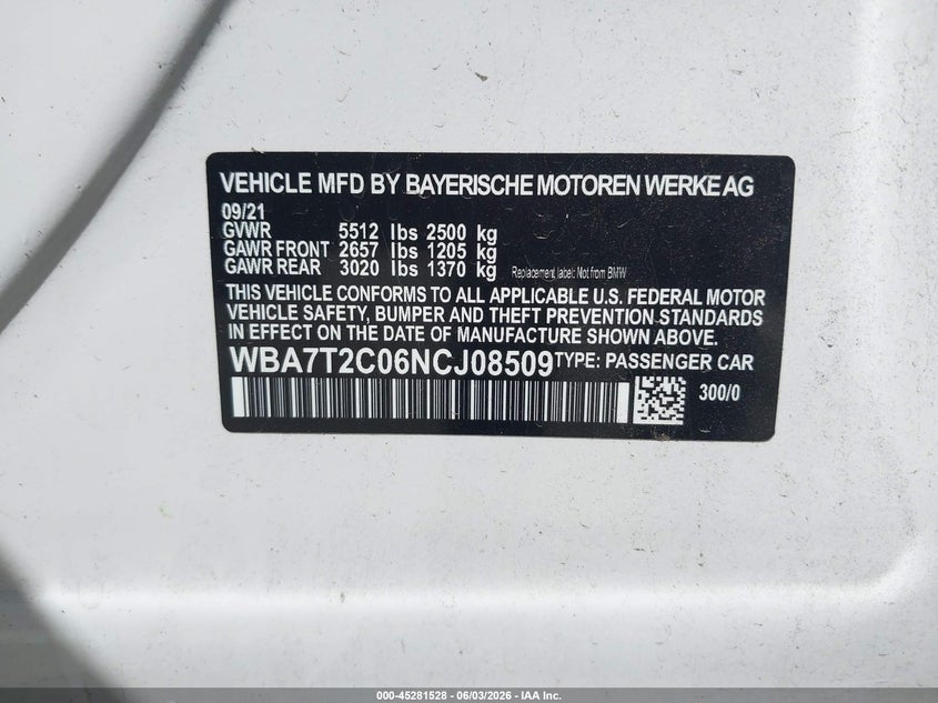 2022 BMW 7er VIN WBA7T2C06NCJ08509 IAAI salvage auction — ROLLOVER, Salvage Title, sold $9,600 on 2026-07-28 (photo 9)