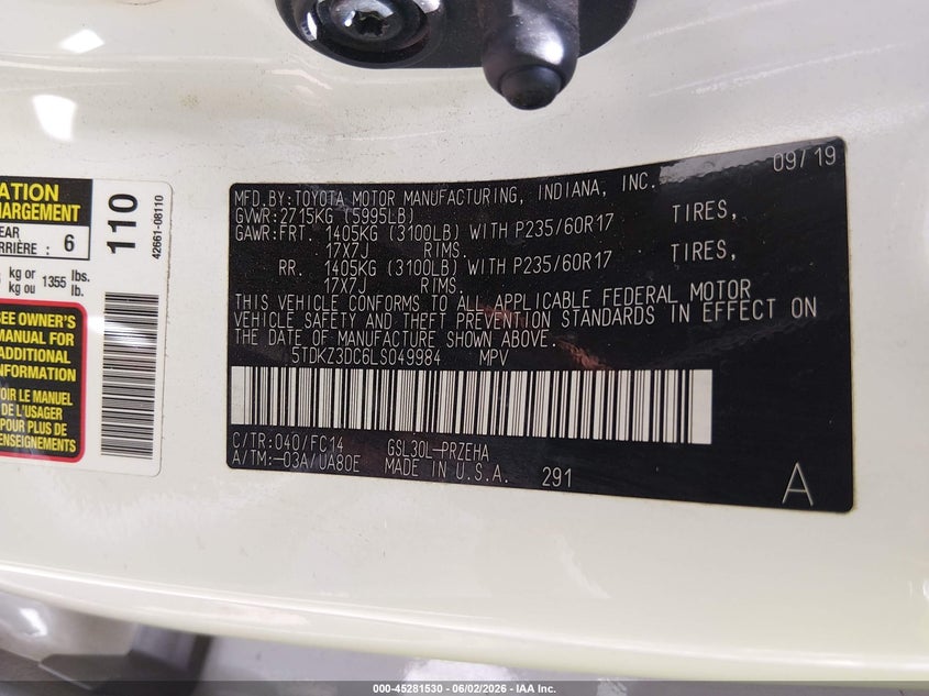 2020 Toyota Sienna VIN 5TDKZ3DC6LS049984 IAAI salvage auction — LEFT SIDE, Salvage Title, sold $7,700 on 2026-08-20 (photo 9)