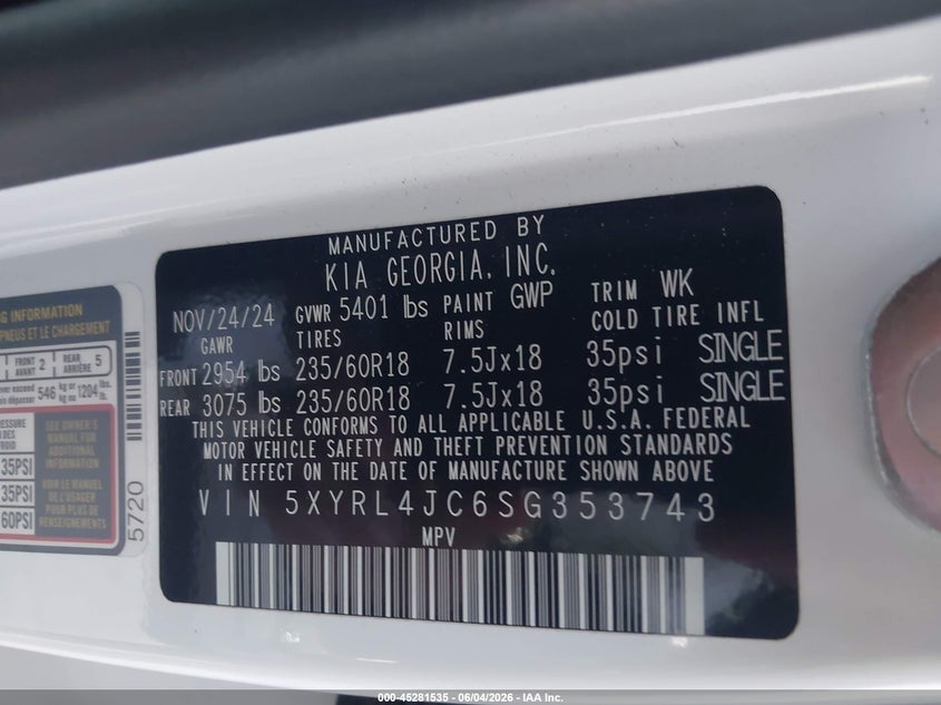 2025 Kia Sorento VIN 5XYRL4JC6SG353743 IAAI salvage auction — FRONT END, Salvage Title, sold $13,700 on 2026-07-10 (photo 9)