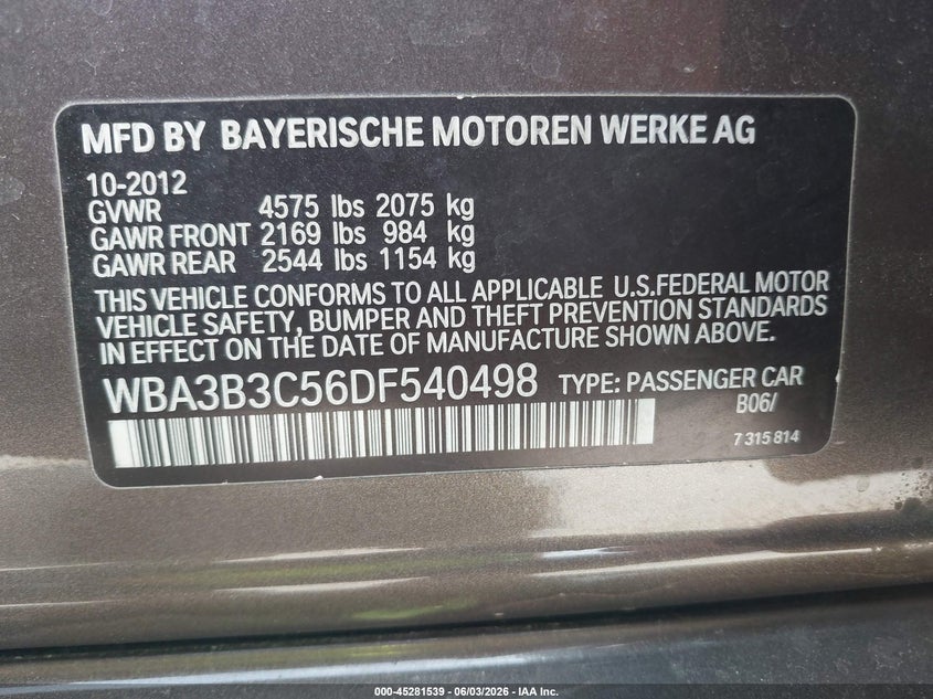 2013 BMW 3er VIN WBA3B3C56DF540498 IAAI salvage auction — FRONT END, Salvage (California), sold $875 on 2026-07-29 (photo 9)