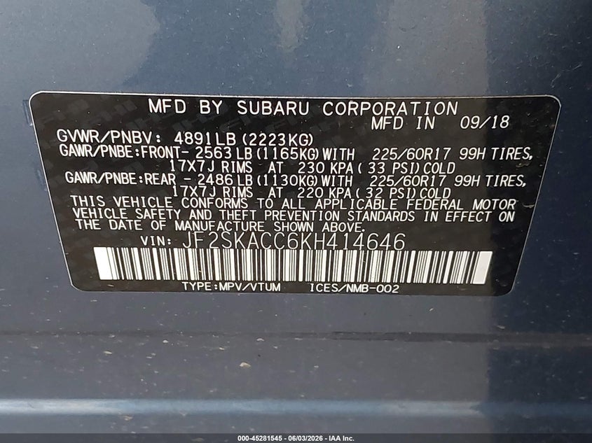2019 Subaru Forester VIN JF2SKACC6KH414646 IAAI salvage auction — LEFT SIDE, Salvage Title, sold $5,100 on 2026-07-08 (photo 9)