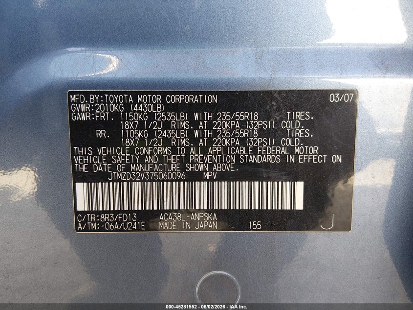2007 Toyota Rav4 VIN JTMZD32V375060096 IAAI salvage auction — REAR END, Salvage (California), sold $1,600 on 2026-07-15 (photo 9)