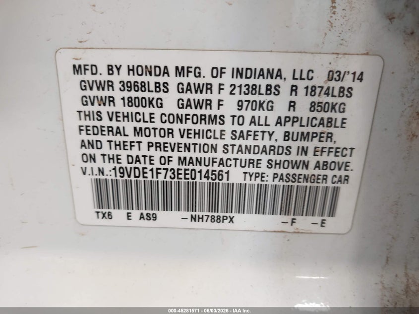 2014 Acura Ilx VIN 19VDE1F73EE014561 IAAI salvage auction — REAR END, Salvage Title, sold $2,700 on 2026-07-22 (photo 9)