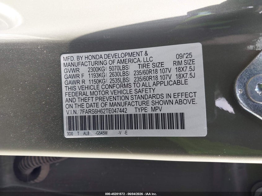 2026 Honda Cr-v VIN 7FARS6H62TE047442 IAAI salvage auction — HAIL, Original (Texas), sold $18,325 on 2026-07-14 (photo 9)