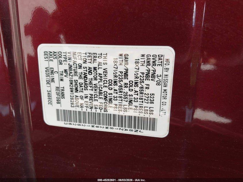 2009 Nissan Murano VIN JN8AZ18W29W128263 IAAI salvage auction — FRONT END, Salvage (New Jersey), sold $425 on 2026-07-13 (photo 9)