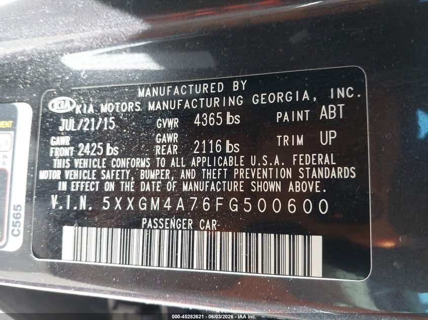 2015 Kia Optima VIN 5XXGM4A76FG500600 IAAI salvage auction — FRONT END, Salvage Title, sold $750 on 2026-07-08 (photo 9)