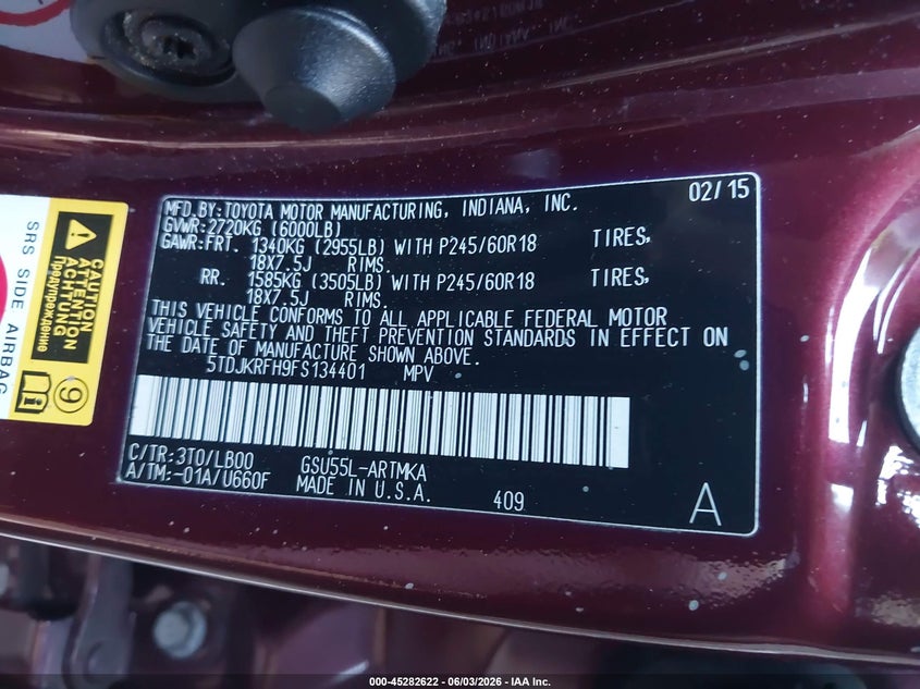 2015 Toyota Highlander VIN 5TDJKRFH9FS134401 IAAI salvage auction — FRONT END, Salvage (New Jersey), sold $6,700 on 2026-07-29 (photo 9)