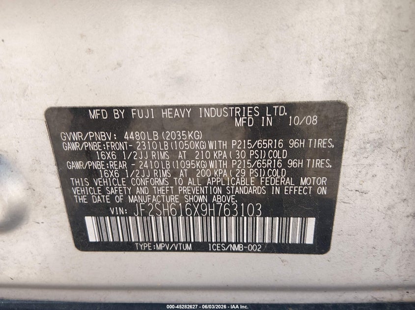 2009 Subaru Forester VIN JF2SH616X9H763103 IAAI salvage auction — NORMAL WEAR, Clear-Dealer Only (Maryland), sold $300 on 2026-07-16 (photo 9)