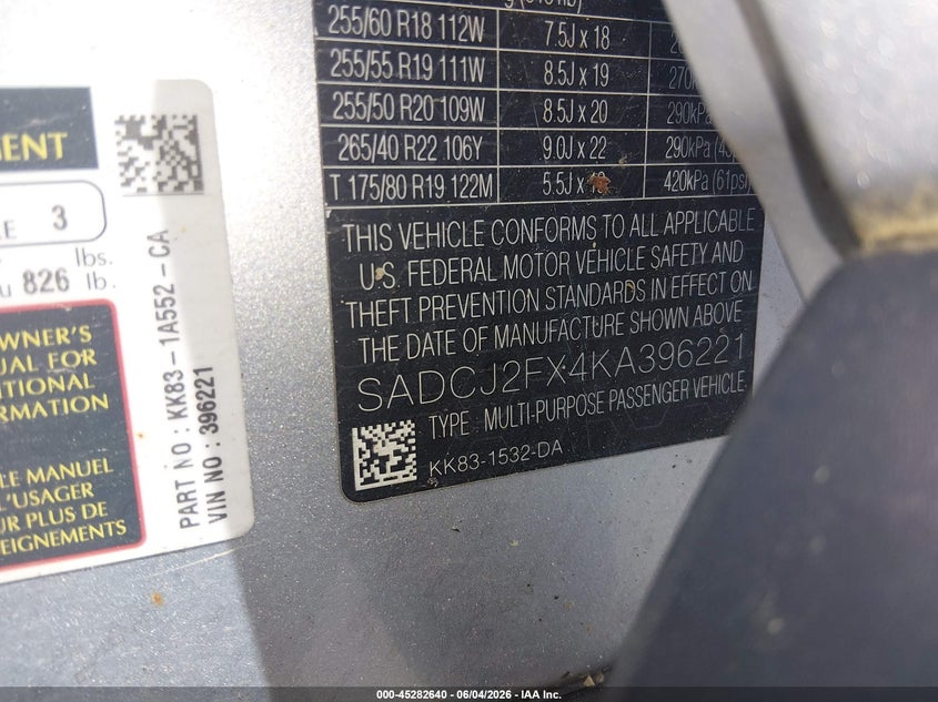 2019 Jaguar F-pace VIN SADCJ2FX4KA396221 IAAI salvage auction — HAIL, Salvage Title, sold $7,625 on 2026-07-14 (photo 9)
