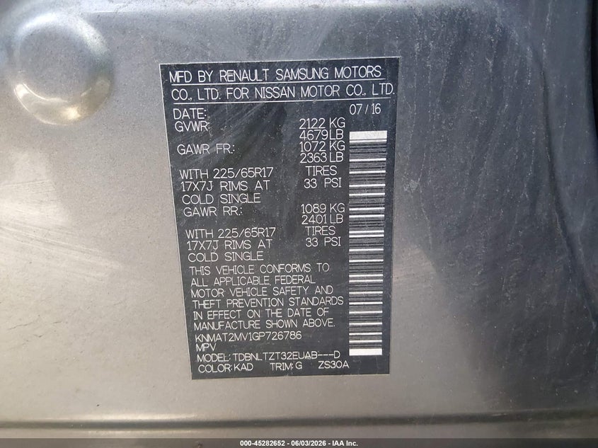 2016 Nissan Rogue VIN KNMAT2MV1GP726786 IAAI salvage auction — SIDE, Salvage Title, sold $625 on 2026-07-19 (photo 9)