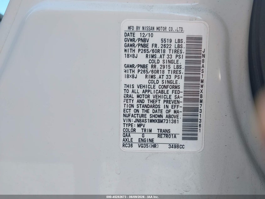 2011 Infiniti Fx35 VIN JN8AS1MWXBM731361 IAAI salvage auction — FRONT END, Mv-907A (New York), sold $900 on 2026-09-11 (photo 9)
