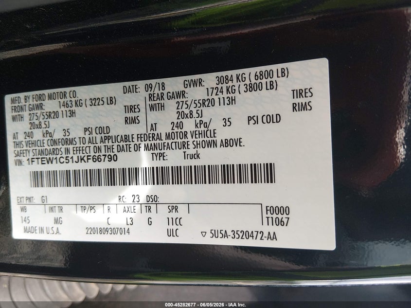 2018 Ford F-150 VIN 1FTEW1C51JKF66790 IAAI salvage auction — RIGHT FRONT, Salvage Title, sold $6,000 on 2026-07-05 (photo 9)