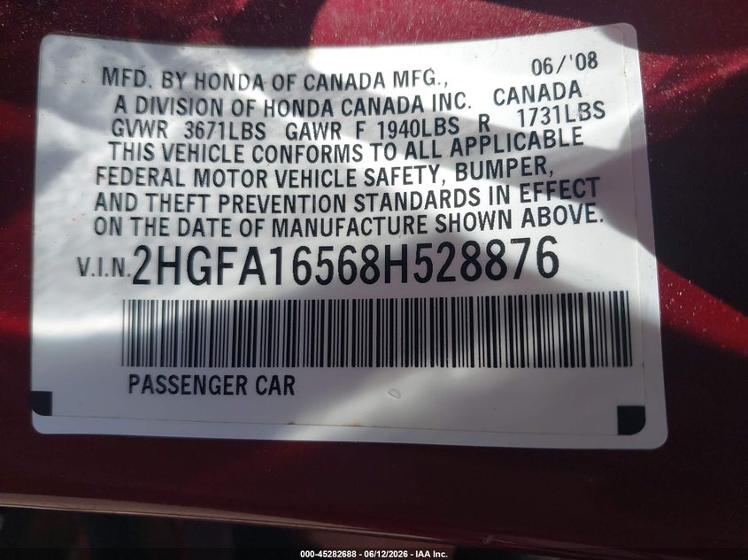 2008 Honda Civic VIN 2HGFA16568H528876 IAAI salvage auction — FRONT END, Clear (Virginia), sold $1,000 on 2026-07-19 (photo 9)