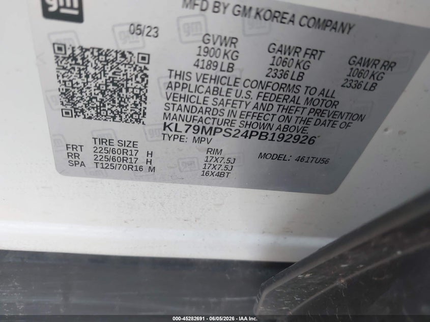 2023 Chevrolet Trailblazer VIN KL79MPS24PB192926 IAAI salvage auction — HAIL, Salvage Title, sold $8,200 on 2026-07-21 (photo 9)