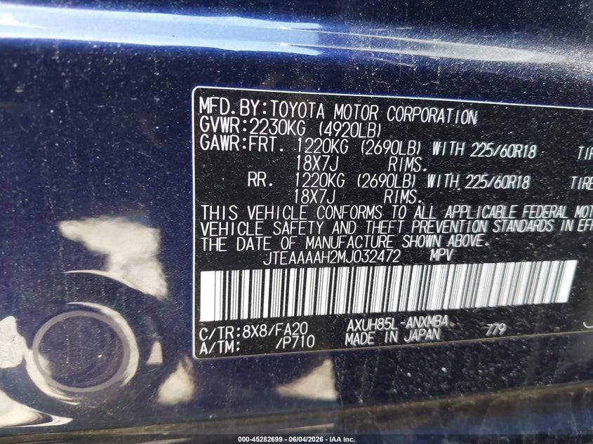 2021 Toyota Venza VIN JTEAAAAH2MJ032472 IAAI salvage auction — FRONT END, Salvage Title, sold $6,000 on 2026-07-17 (photo 9)