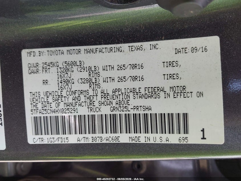 2017 Toyota Tacoma VIN 5TFAZ5CN4HX025291 IAAI salvage auction — FRONT END, Salvage Title, sold $7,300 on 2026-07-14 (photo 9)