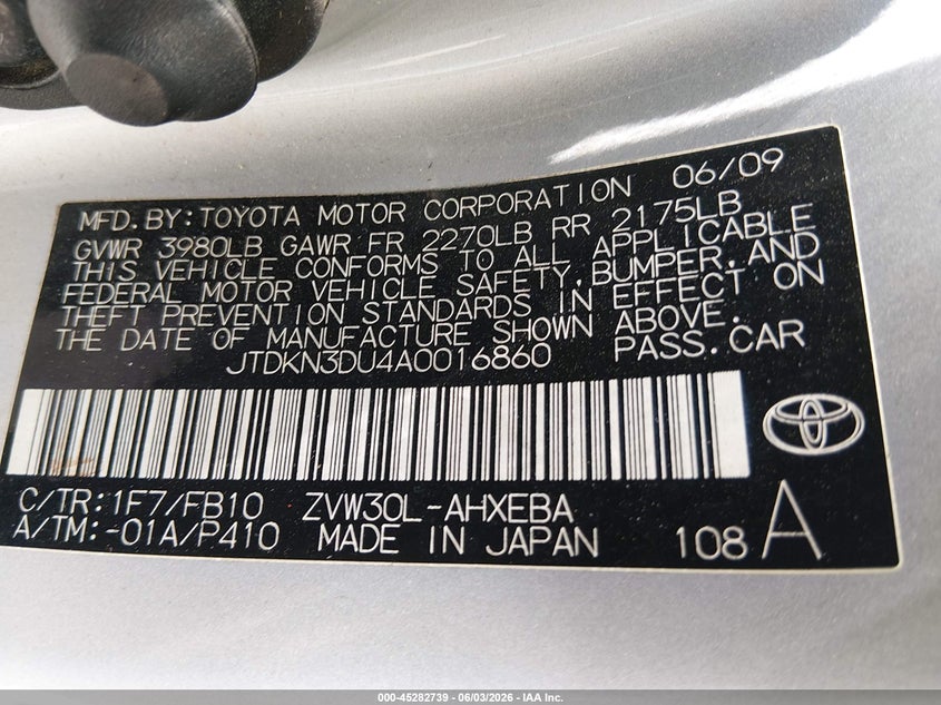2010 Toyota Prius VIN JTDKN3DU4A0016860 IAAI salvage auction — NORMAL WEAR, Original (Texas), sold $825 on 2026-07-13 (photo 9)