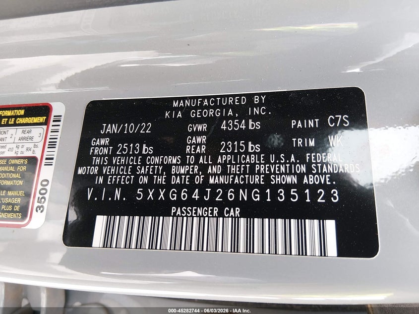 2022 Kia K5 VIN 5XXG64J26NG135123 IAAI salvage auction — FRONT END, Salvage Title, sold $1,350 on 2026-07-08 (photo 9)