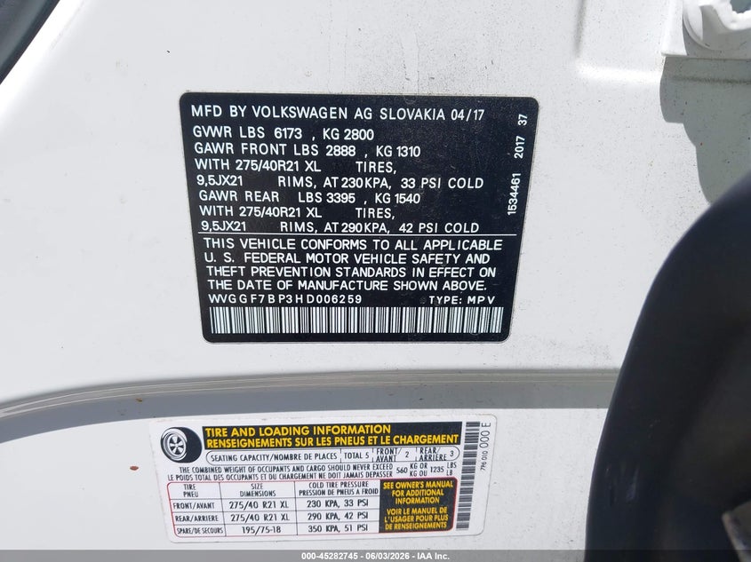 2017 Volkswagen Touareg VIN WVGGF7BP3HD006259 IAAI salvage auction — FRONT END, Salvage (Georgia), sold $3,325 on 2026-07-31 (photo 9)
