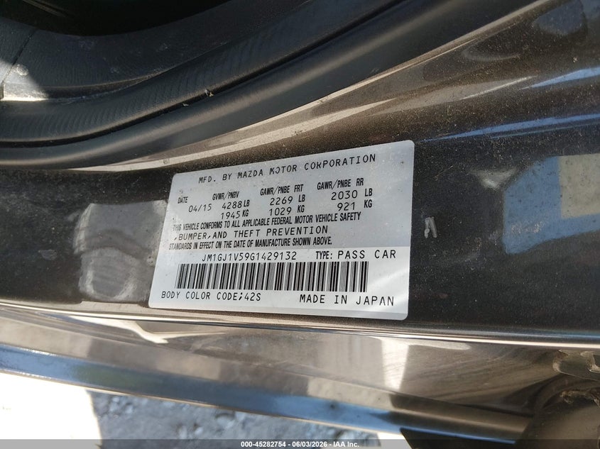 2016 Mazda 6 VIN JM1GJ1V59G1429132 IAAI salvage auction — LEFT REAR, Salvage Title, sold $1,100 on 2026-07-19 (photo 9)