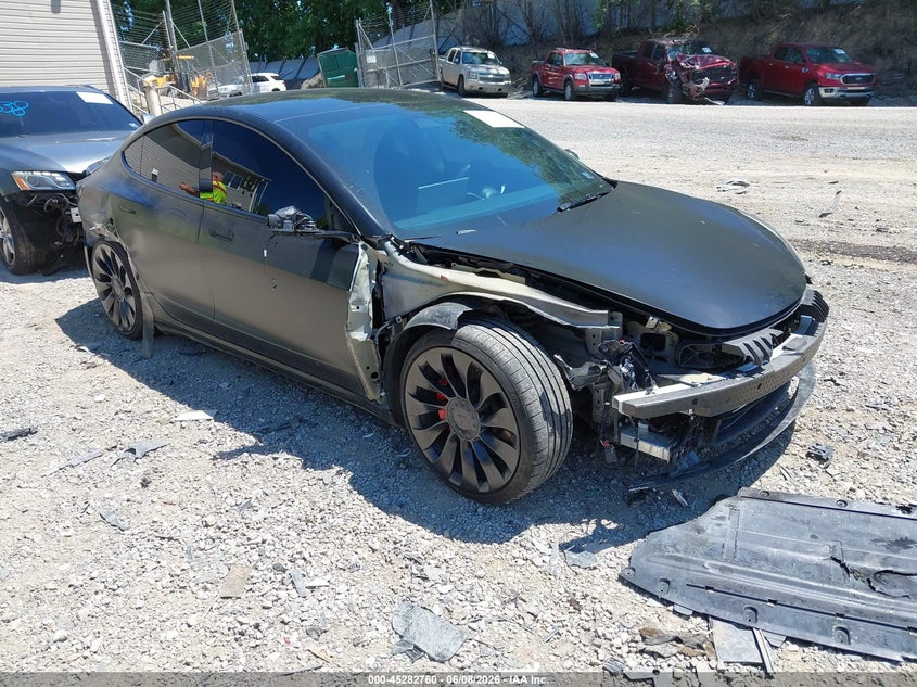 2023 Tesla Model 3 VIN 5YJ3E1EC7PF687500 IAAI salvage auction — FRONT END, Salvage Title, sold $525 on 2026-07-21 (photo 1)