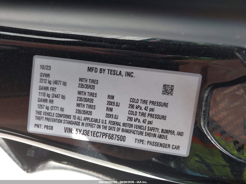2023 Tesla Model 3 VIN 5YJ3E1EC7PF687500 IAAI salvage auction — FRONT END, Salvage Title, sold $525 on 2026-07-21 (photo 9)