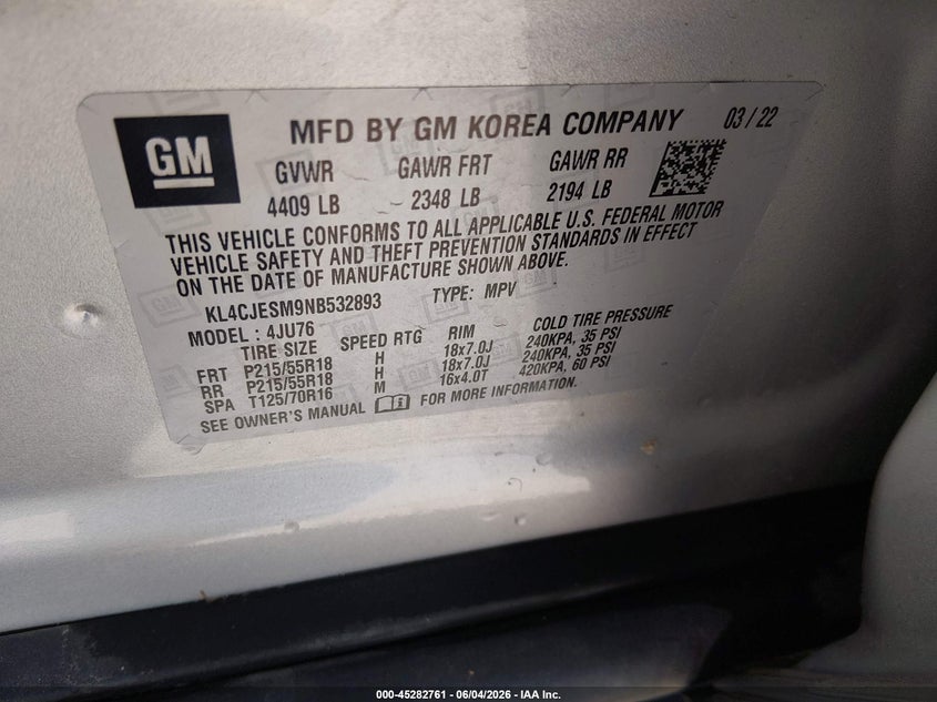 2022 Buick Encore VIN KL4CJESM9NB532893 IAAI salvage auction — FRONT END, Salvage Title, sold $4,125 on 2026-07-08 (photo 9)